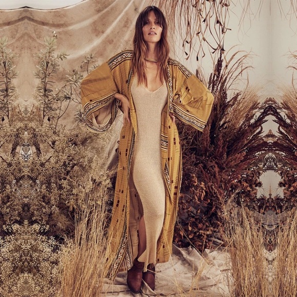 Mustard Tribal Aztec Western Self Tie Kimono Duster Wrap Bohemian Robe - Picture 5 of 8